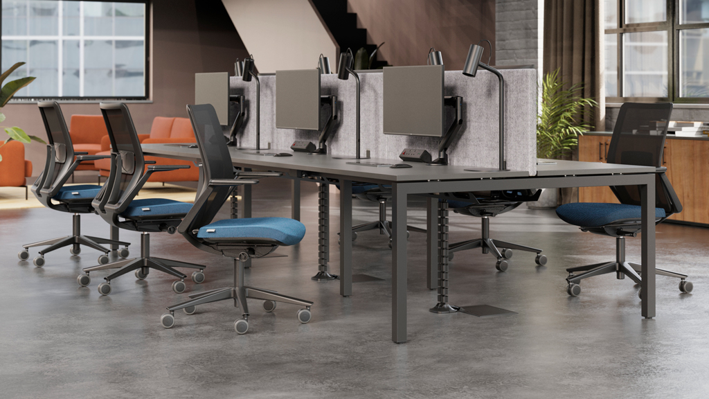 SYSTM bench desking + storage + acoustic screens from Formetiq